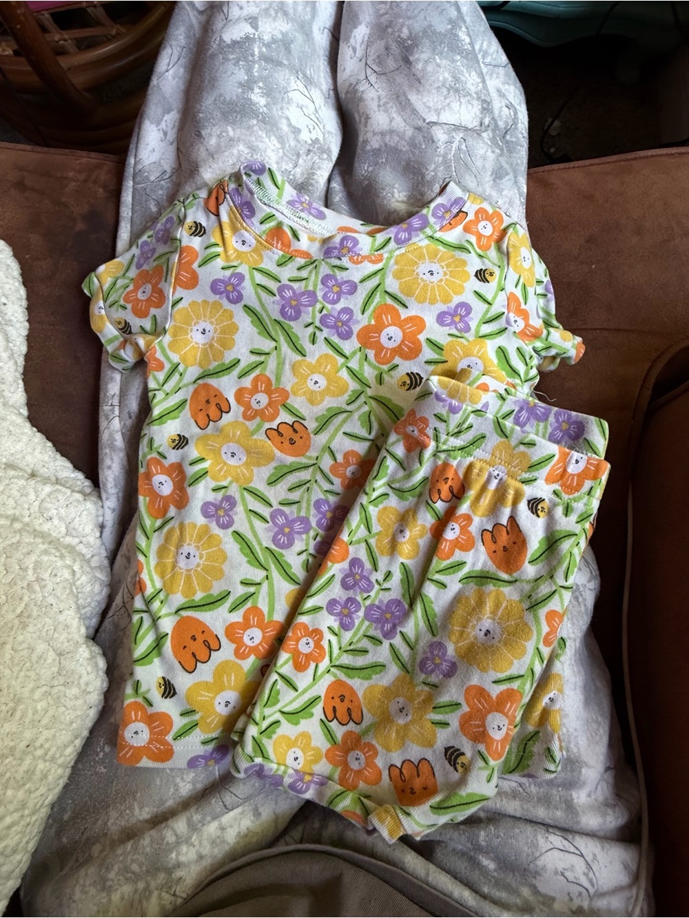 Old Navy Girls Floral Pajama Set - White with Yellow Orange Purple Flowers
